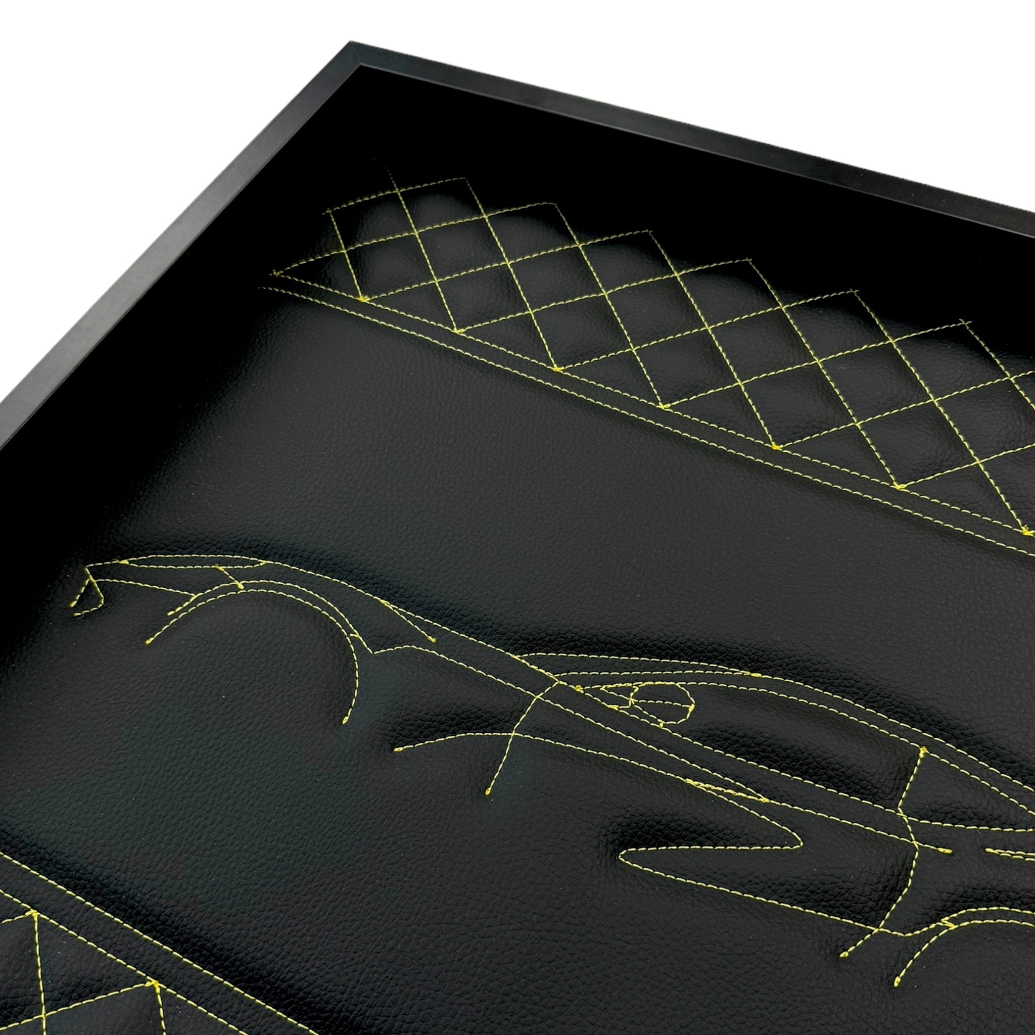 Black Leather Ferrari 812 Superfast Inspired Wall Art: Embroidered Yellow Stitch Luxury Decor - AutoWin