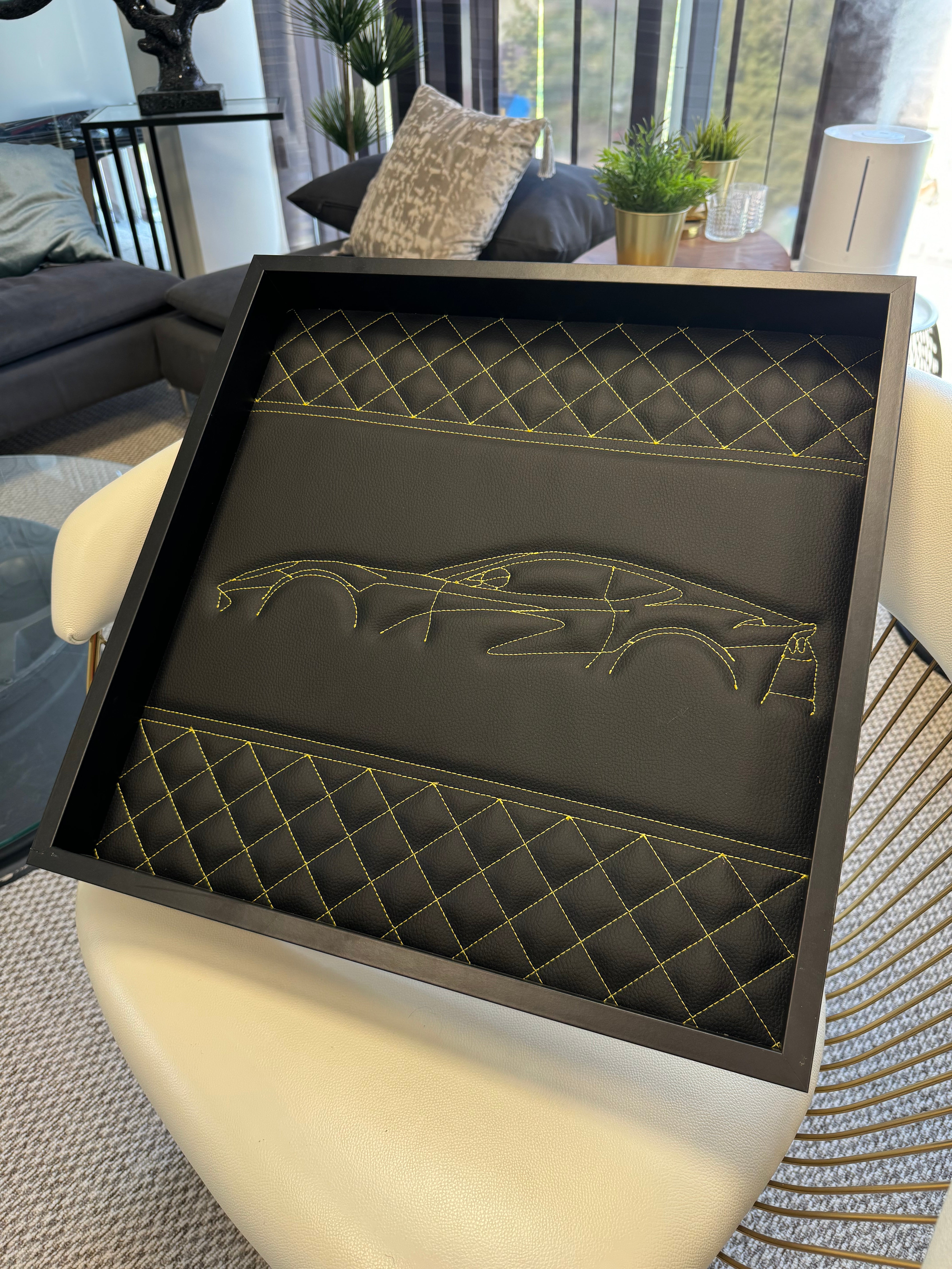 Black Leather Ferrari 812 Superfast Inspired Wall Art: Embroidered Yellow Stitch Luxury Decor - AutoWin