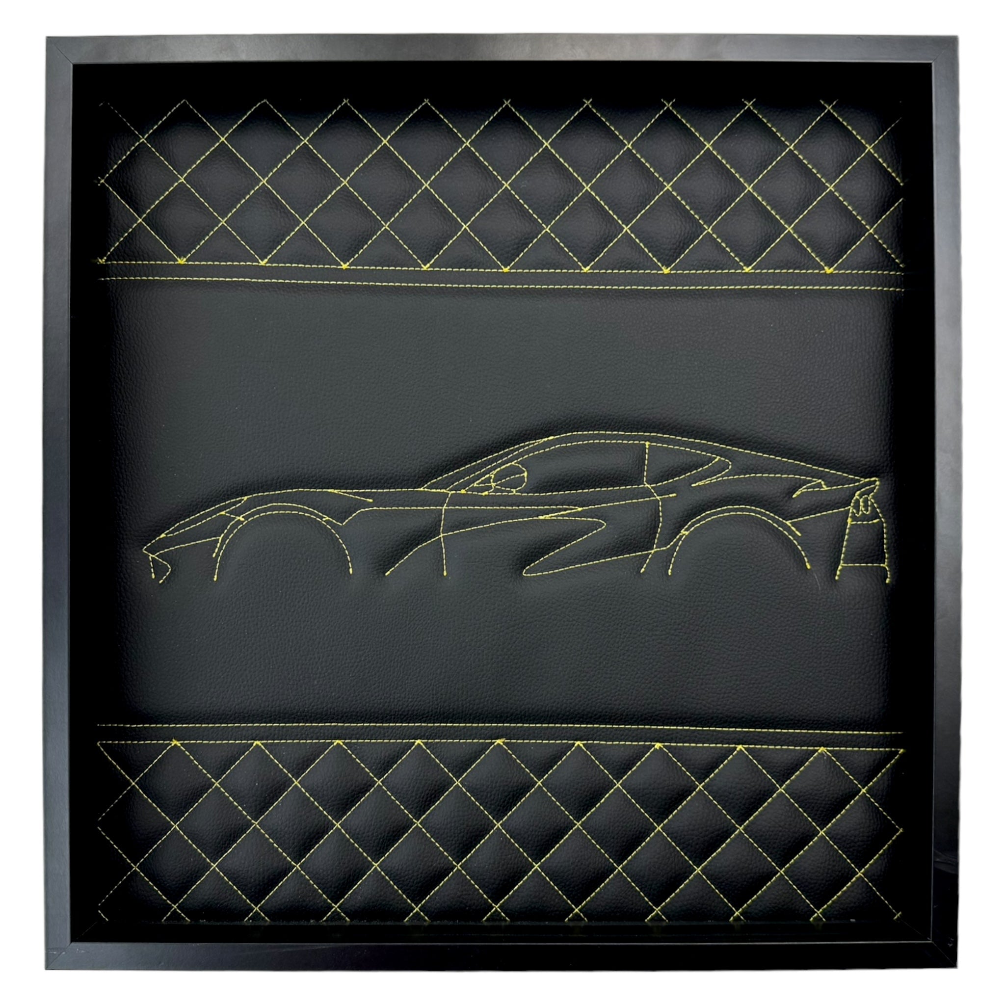 Black Leather Ferrari 812 Superfast Inspired Wall Art: Embroidered Yellow Stitch Luxury Decor - AutoWin